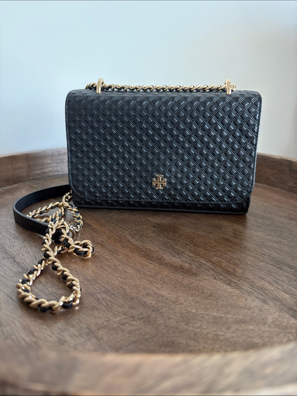 Tory Burch Quilted Black Leather Crossbody Bag with Gold Chain